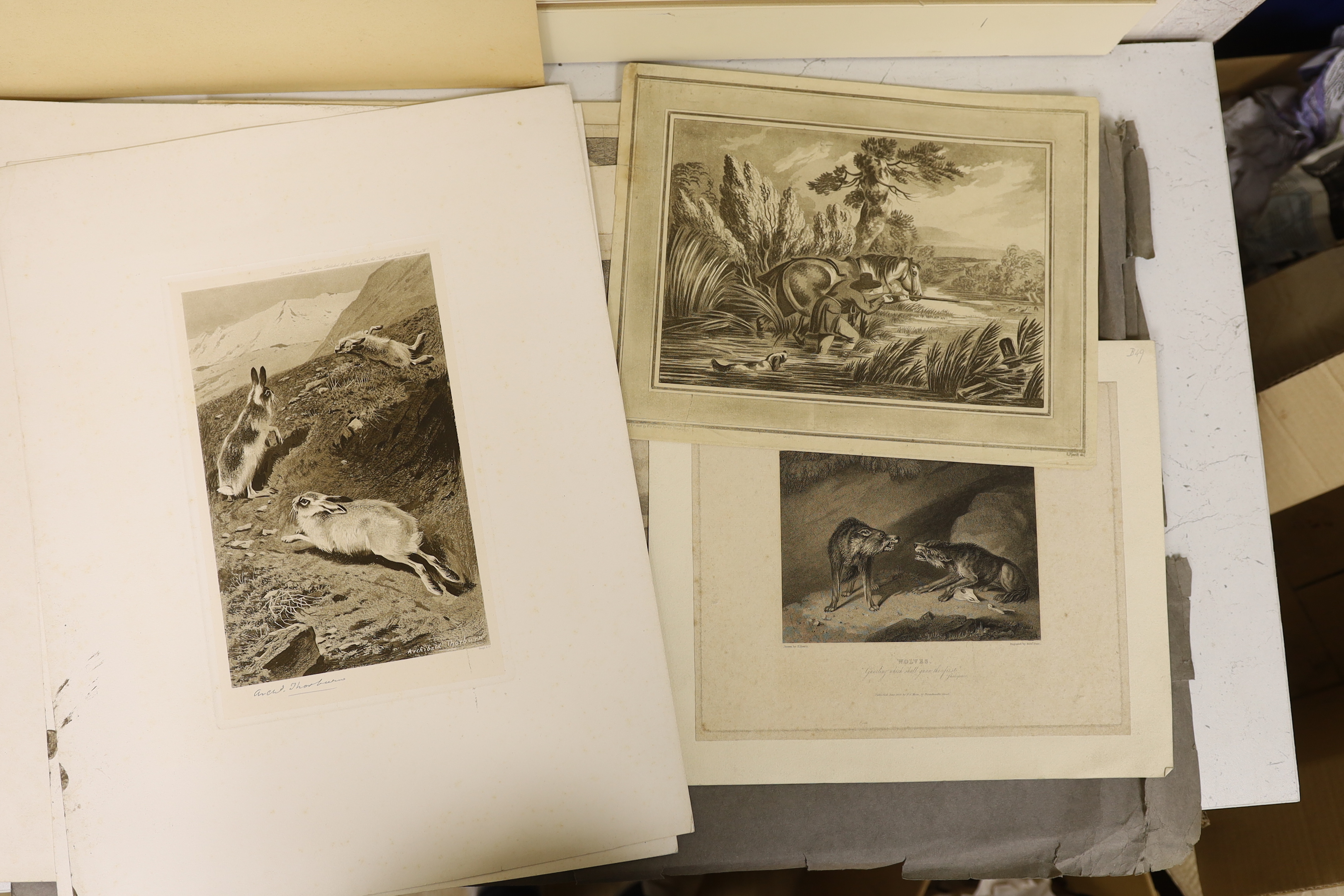 Seven 18th century and later engravings and prints, including after Van Drever, Winter, after Peter Pieter Nolpe, Hiems, after S. Howitt, shooting game, published 1st February 1805 and three pencil signed Archibald Thorb